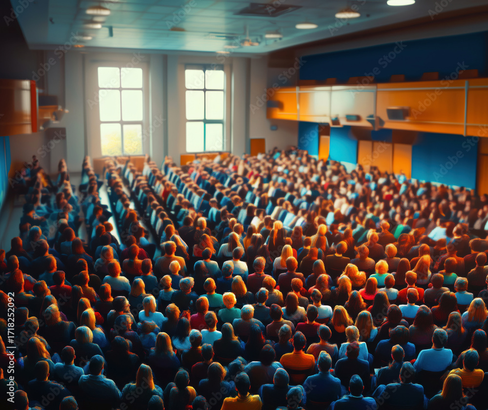 Naklejka premium Large audience in conference hall engaged in presentation, diverse attendees, modern architecture, bright lighting, professional atmosphere, copy space for text, minimal style photo