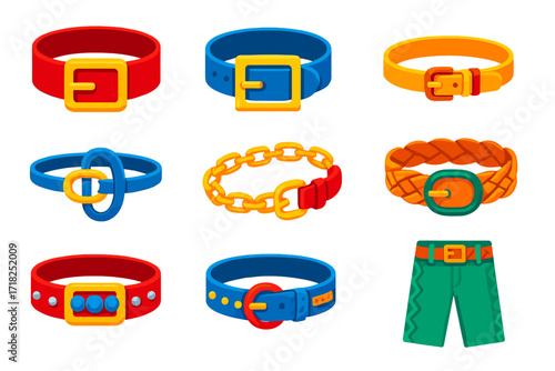 Colorful Fashion Belts. Isometric vector illustration set Fashion Belts: wide belt, square buckle, skinny belt, decorative loop,