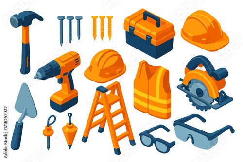 Builder's Tool Set. Isometric vector illustration set Professional Builder: framing hammer, concrete nails, wood screws, large
