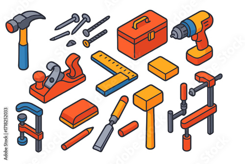 Vibrant Carpentry Tools. Isometric vector illustration set Carpentry Tools: carpenter’s hammer, wood nails, wood screws, tool