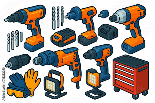 Professional Tool Icons. Isometric vector illustration set Professional Equipment: impact drill, masonry bits, torque screwdriver,