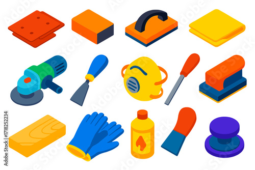 DIY Sanding Kit Essentials. Isometric vector illustration set DIY Sanding Kit: sandpaper sheets, sanding sponge, sanding block,