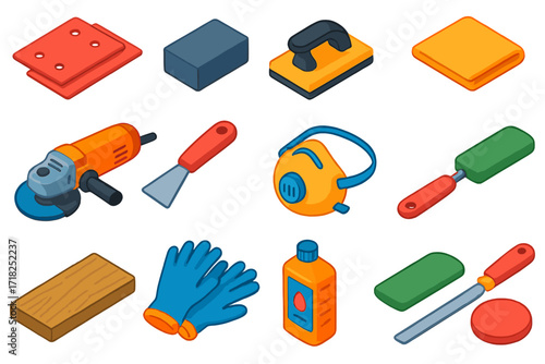 DIY Sanding Kit Essentials. Isometric vector illustration set DIY Sanding Kit: sandpaper sheets, sanding sponge, sanding block,