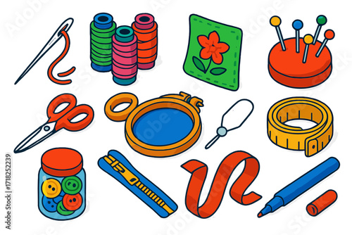 Vibrant Sewing Tools. Isometric vector illustration set Hand Stitching: embroidery needle, colorful thread, fabric patch, pin