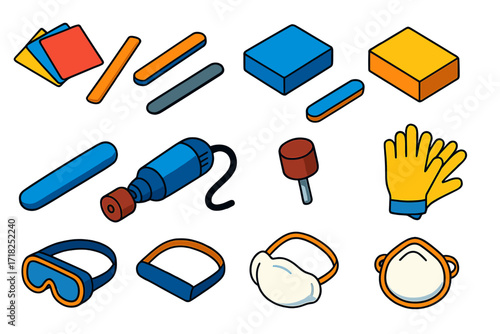 Craft Sanding Tools. Isometric vector illustration set Craft Sanding Tools: colored sandpaper, mini sanding stick, foam pad,