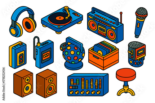 Retro DJ Icons. Isometric vector illustration set Retro DJ Collection: headphones, vintage turntable, vinyl case, crossfader mixer