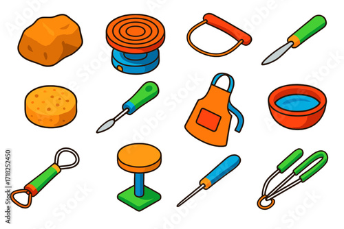 Clay Modeling Tools. Isometric vector illustration set Clay Modeling: lump of clay, pottery wheel, sculpting wire, carving tool,