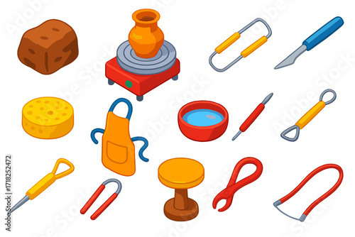 Clay Modeling Tools. Isometric vector illustration set Clay Modeling: lump of clay, pottery wheel, sculpting wire, carving tool,