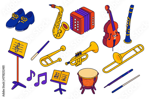 Vibrant Musical Instruments. Isometric vector illustration set Musical Theater: tap shoes, saxophone, accordion, double bass,