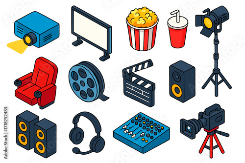 Modern Cinema Icons. Isometric vector illustration set Modern Theater: digital projector, cinema screen, popcorn bucket, soda cup,