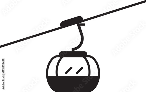 Black and white icon of a ski lift gondola on a cable on white background Keywords: ski lift, gondola