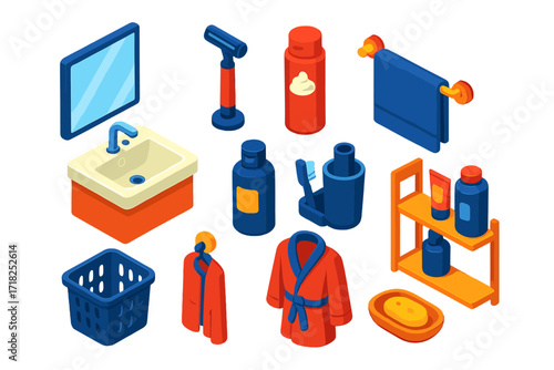 Men's Bathroom Essentials. Isometric vector illustration set Men’s Bathroom Setup: sink with faucet, wall mirror, razor stand,