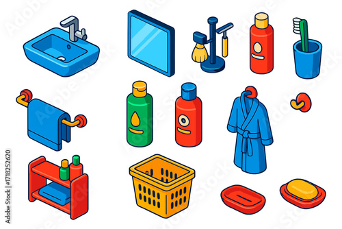 Men's Bathroom Essentials. Isometric vector illustration set Men’s Bathroom Setup: sink with faucet, wall mirror, razor stand,