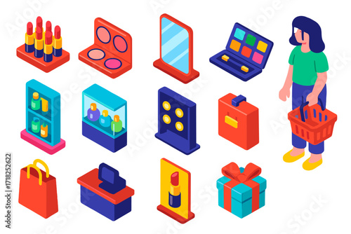 Cosmetic Store Display. Isometric vector illustration set Cosmetic Store Display: lipstick stand, blush counter, mirror panel,