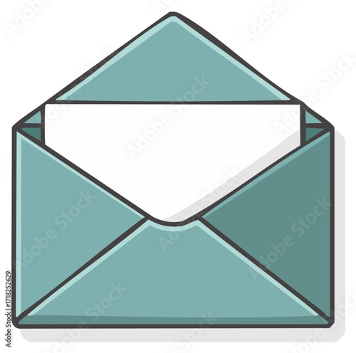 Simple cartoon illustration of an open teal envelope with a blank letter inside