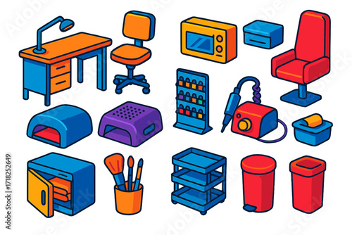 Vibrant Nail Tools Set. Isometric vector illustration set Nail Salon Tools: manicure table, technician chair, client chair, UV