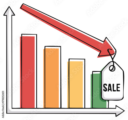 Hand drawn bar chart with a downward red arrow and sale tag illustrating a business recession or price drop