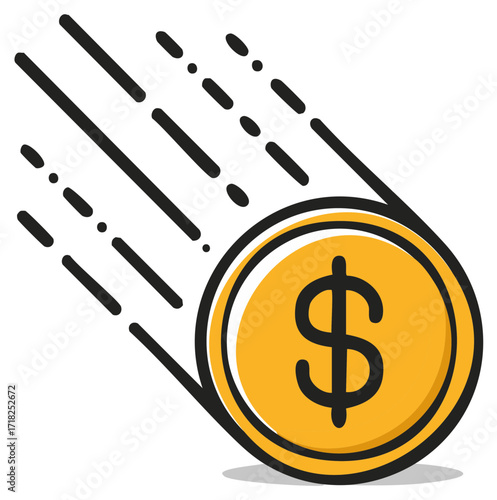 Golden dollar coin falling rapidly concept of financial decline or fast money transaction