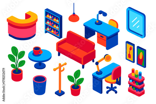Colorful Salon Interior. Isometric vector illustration set Nail Salon Interior: reception desk, polish shelves, waiting sofa,