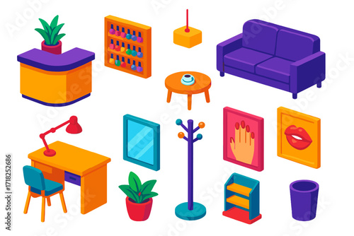 Colorful Salon Interior. Isometric vector illustration set Nail Salon Interior: reception desk, polish shelves, waiting sofa,