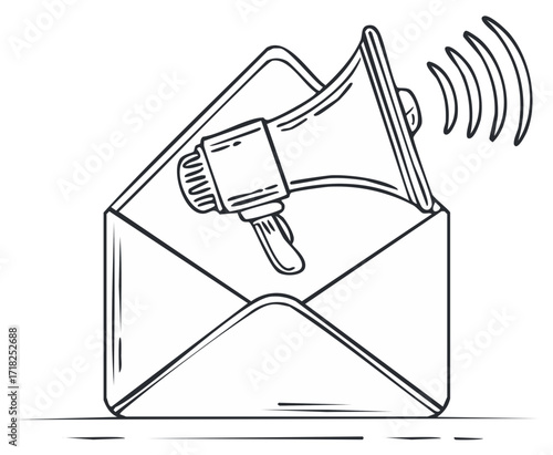 Hand drawn megaphone announcing a message from an open email envelope with sound waves illustration