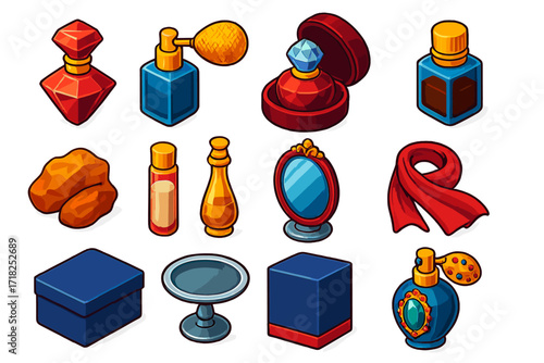 Luxury Fragrance Icons. Isometric vector illustration set Luxury Fragrances: diamond-shaped bottle, gold-plated atomizer,