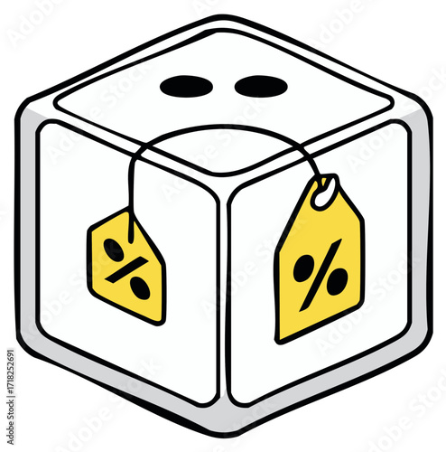 Dice with hanging sale tags featuring percentage symbols on each side