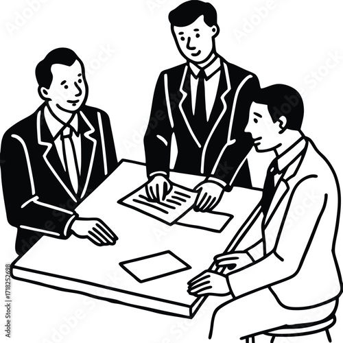 Three businessmen in suits collaborating around a table discussing documents and ideas in a meeting