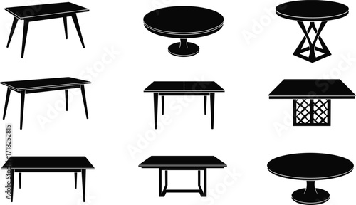 Table silhouette collection of nine furniture designs including round rectangular pedestal lattice and modern styles interior design vector illustration