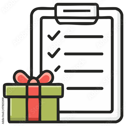 Gift box checklist with ribbon bow on a clipboard for present giving or Christmas shopping.