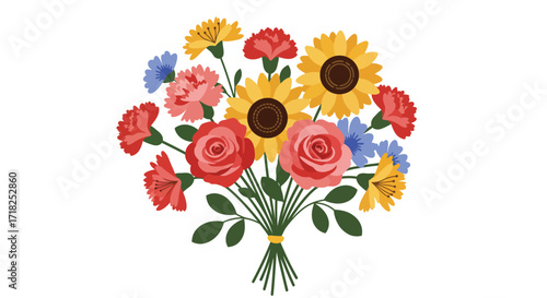 A vibrant bouquet featuring colorful roses sunflowers and dainty carnations