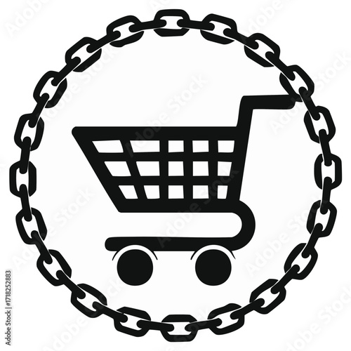 Shopping cart enclosed by a circular metal chain icon representing security or restriction