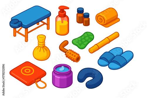 Isometric Spa Essentials. Isometric vector illustration set Massage Therapy: massage bed, body oil pump, essential oil vials, hot