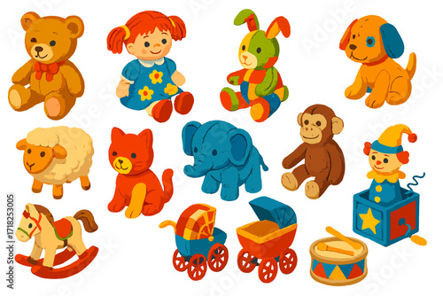 Vintage Plush Toy Collection. Isometric vector illustration set Vintage Plush Collection: classic teddy bear, rag doll, patchwork