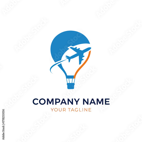 Dynamic Travel and Aviation Company Logo with Hot Balloon and Airplane Icon for Business Branding, Flat Vector Elements, Vector Illustration, Simple Vector, Stylized Vector Drawing, Vector Template,