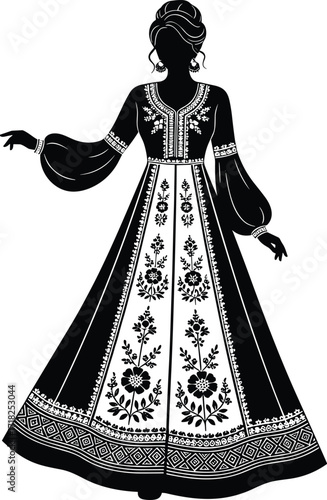 Traditional embroidered gown silhouette with puffed sleeves, floral and geometric patterns, cultural fashion design for costume, textile, and illustration themes