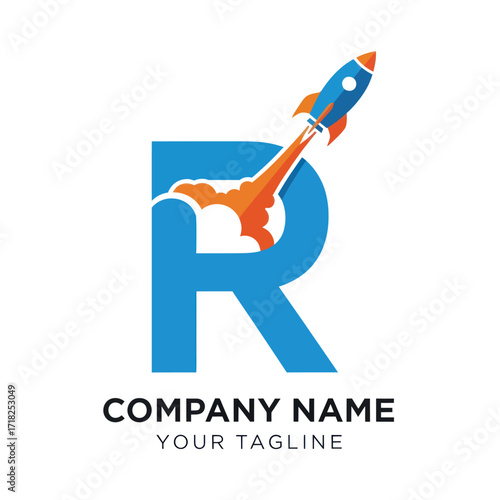 Modern Blue Letter R Logo with Rocket Launch and Smoke Trail - Ideal for Tech, Logistics, and Startup Branding, Flat Vector Elements, Vector Illustration, Simple Vector, Stylized Vector Drawing,