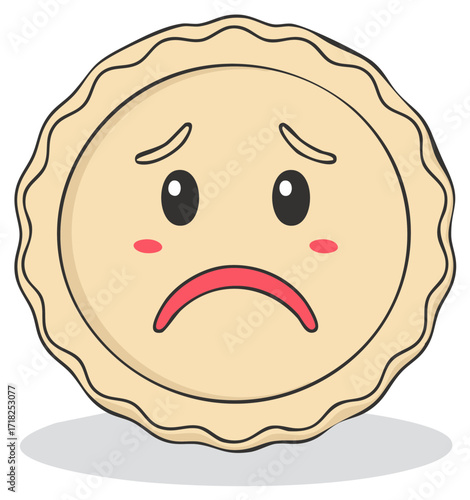 Sad Cream Pie Dessert, Cute Cartoon Emoji Illustration, Food Character, Round Treat with Expressive Face