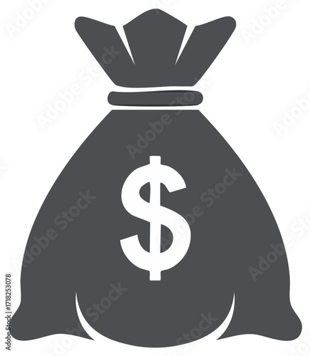 A dark gray stylized icon of a money bag with a white dollar sign clearly visible in the center