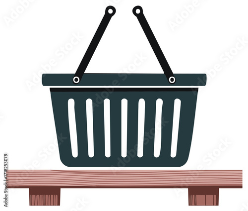 Illustration of a shopping basket on a wooden counter for markets or retail