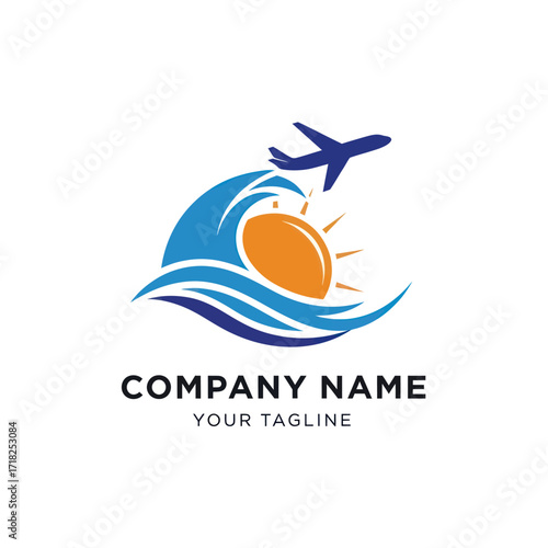 Vibrant Travel & Tourism Logo with Ocean Waves, Sun, and Airplane on White for Vacation Businesses, Flat Vector Elements, Vector Illustration, Simple Vector, Stylized Vector Drawing, Vector Template,