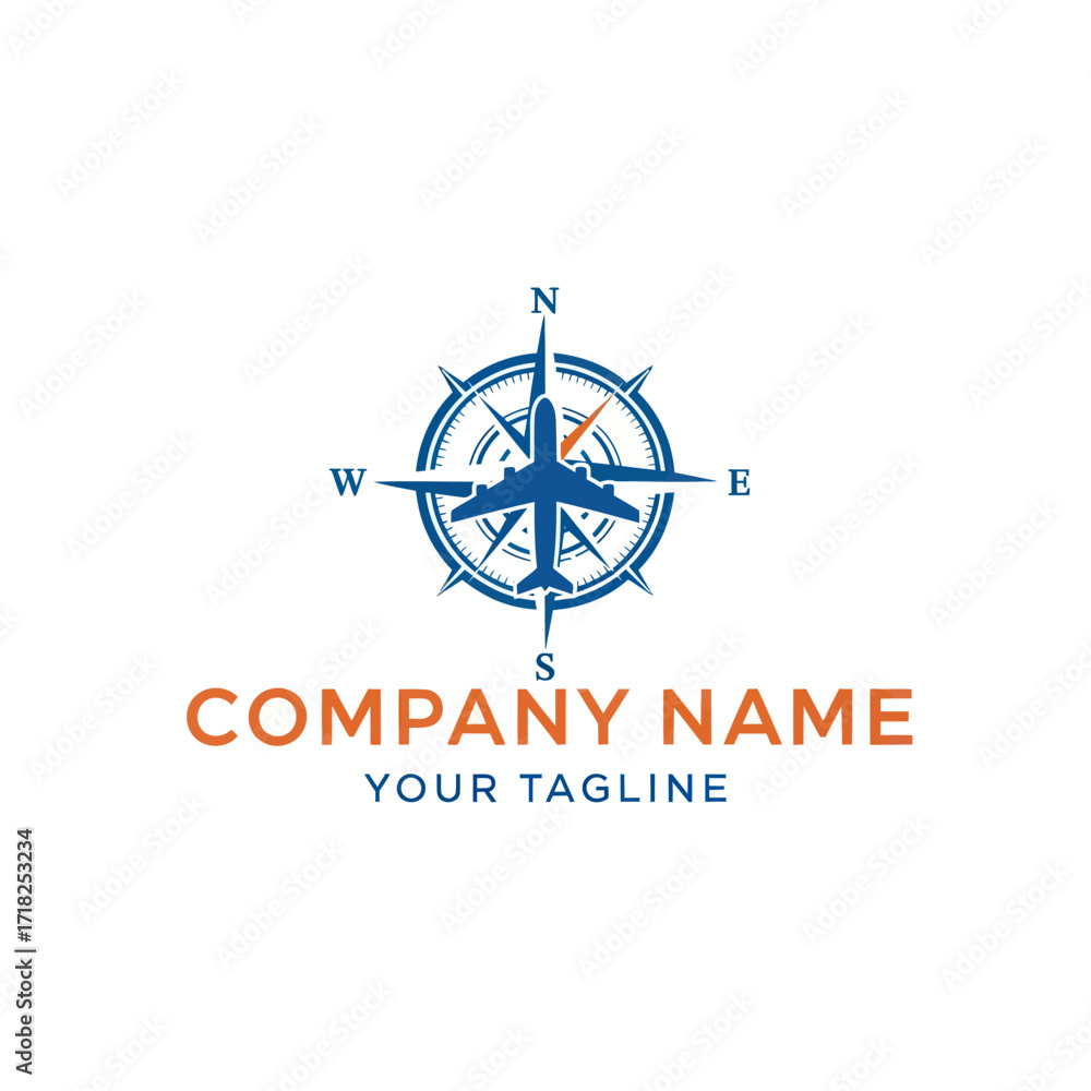Fototapeta premium Modern Blue and Airplane Compass Logo Design for Travel and Aviation Company Branding, Flat Vector Elements, Vector Illustration, Simple Vector, Stylized Vector Drawing, Vector Template, Clean Vector