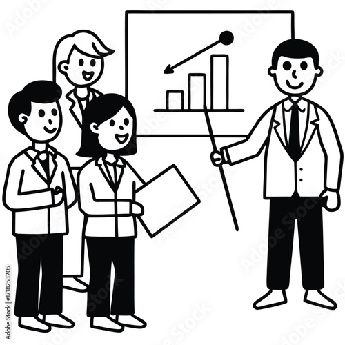 Diverse group of business professionals attending a presentation with a growth chart on a whiteboard during a meeting