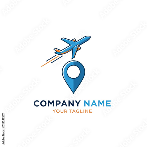 Modern Travel and Location Logo Design featuring a Blue Airplane and Map Pin Icon, ideal for Aviation, Logistics, or Tourism Businesses, with Placeholder Text for Company Name and Tagline on a White