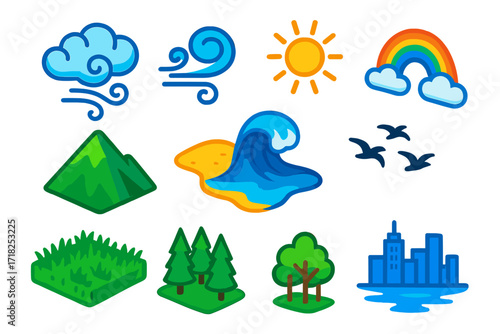 Vibrant Nature Elements. Isometric vector illustration set Nature and Wind: blowing cloud, gust swirl, sun, mountain hill, beach