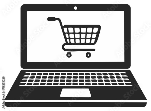 Laptop computer screen displays a simple shopping cart icon representing online shopping