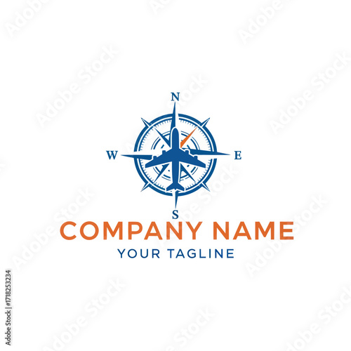 Modern Blue and Airplane Compass Logo Design for Travel and Aviation Company Branding, Flat Vector Elements, Vector Illustration, Simple Vector, Stylized Vector Drawing, Vector Template, Clean Vector