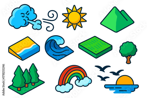 Vibrant Nature Elements. Isometric vector illustration set Nature and Wind: blowing cloud, gust swirl, sun, mountain hill, beach