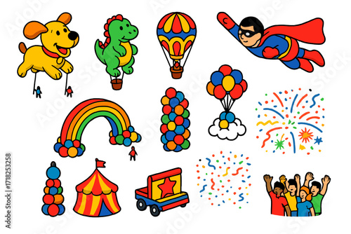 Vibrant Balloon Parade. Isometric vector illustration set Balloon Festival: giant parade balloon, animal shape balloon, fantasy