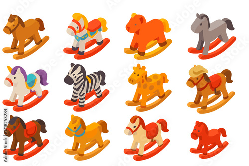 Rocking Horse Collection. Isometric vector illustration set Rocking Horse Variations: traditional wooden rocking horse, painted